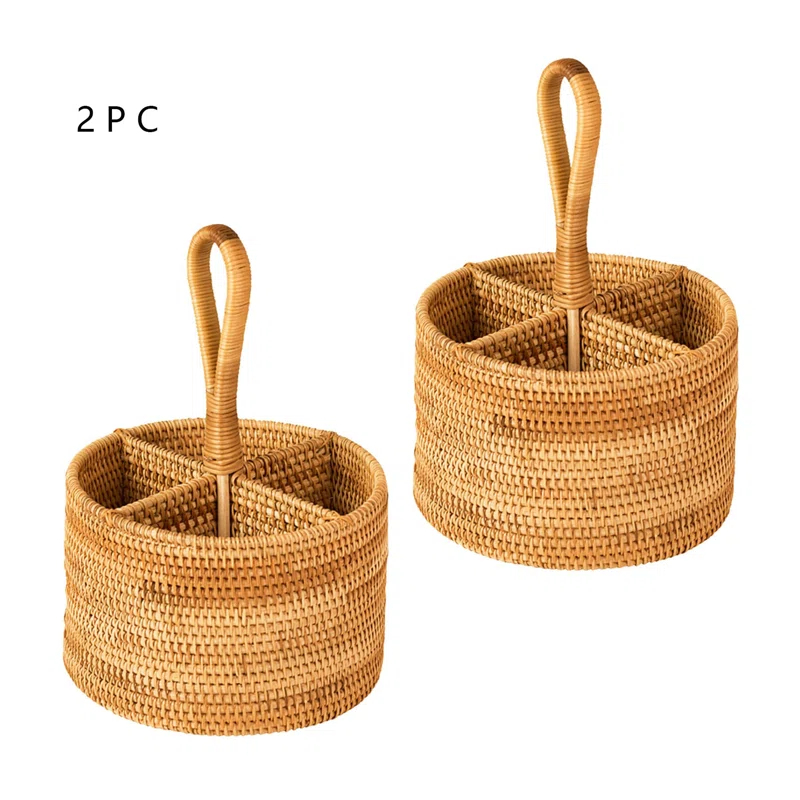 Stack man 2 Pack Rattan Round Condiment Carrier Cooking Utensil Caddy Holder- 4-Compartment Handmade Flatware Organizer Silverware Caddy For Tabletop,Parties, Cooking Utensil Condiment Organizer