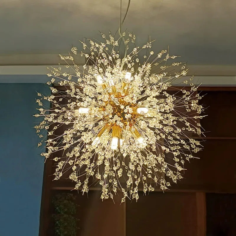 Mercer41 Modern Gold Crystal Chandelier With 12-Light Firework Design, Adjustable Dandelion Pendant Lighting For Dining Room, Living Room, Bedroom, Kitchen, And Hallway