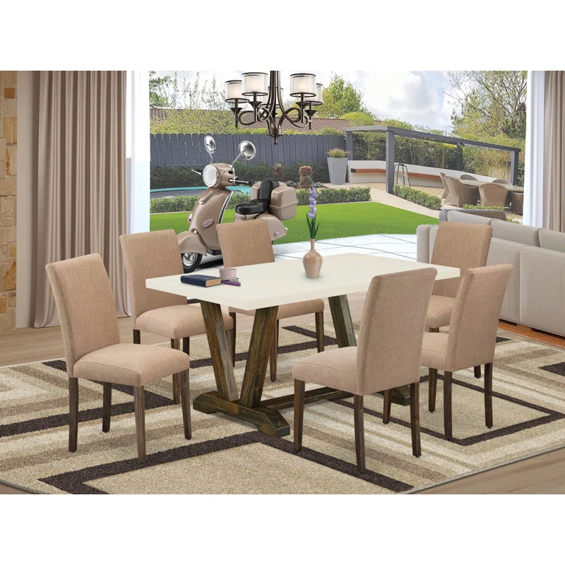 Red Barrel Studio® 7-Piece Dining Set Contains a Linen White (Off-White) Kitchen Table and 6 Light Sable Linen Fabric Kitchen Chairs - Distressed Jacobean Finish