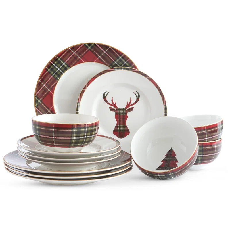 222 Fifth 222 Fifth 12-Piece Wexford Red Porcelain Dinnerware Set - Service For 4, Plate & Bowl Set