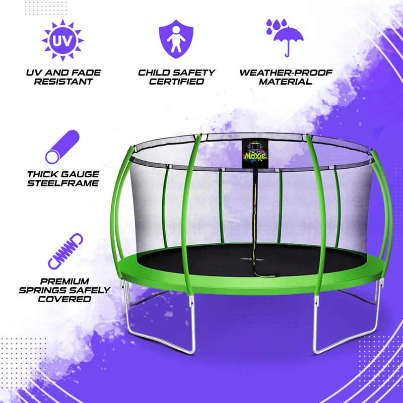 Moxie 15 FT Outdoor Trampoline Set w/ Safety Enclosure, includes Basketball Hoop with Ball & Pump & Ladder