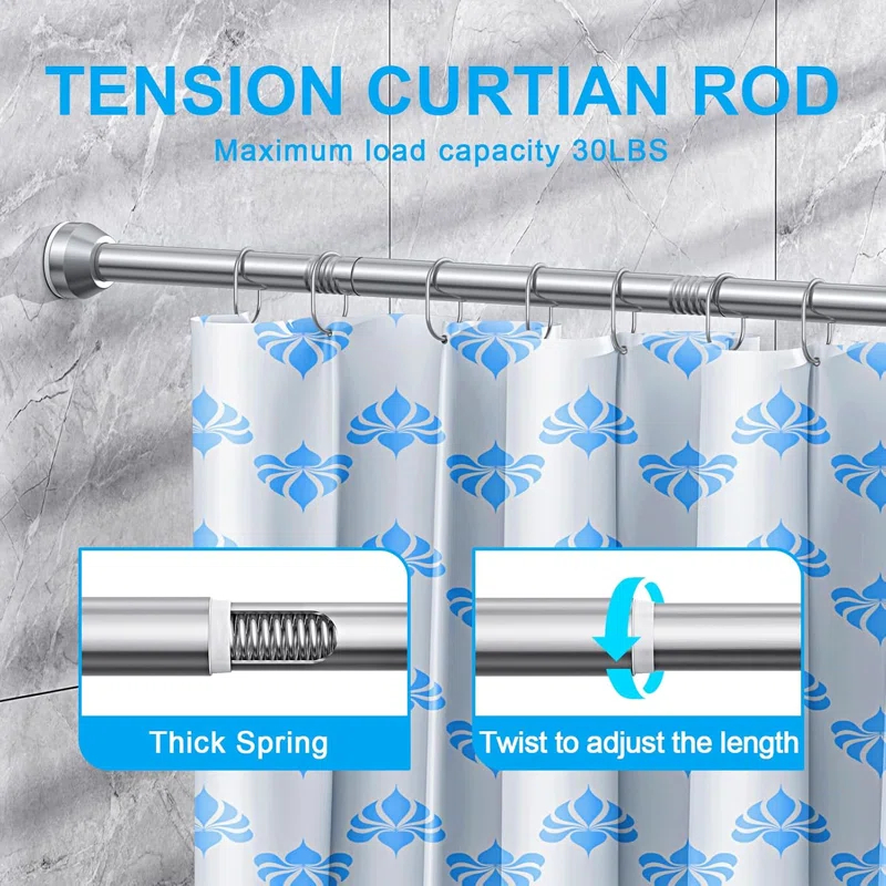OUMIKEJI Shower Curtain Rod, 27-76 Inch Adjustable Tension Spring, Shower Curtain Rod Tension, Premium Stainless Steel, Anti-Slip, No Drilling, No Rust, For Bathroom, Silver