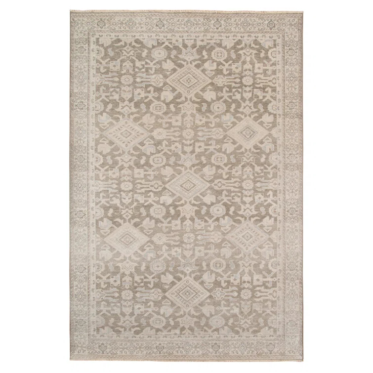 Reversible Taupe Hand-Knotted Wool & Viscose Accent Rug with Faded Embellishment