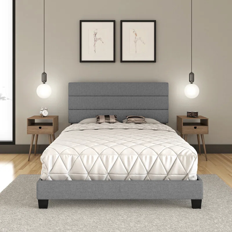 Boyd Sleep Ravenna Upholstered Linen Tri-Panel Channel Adjustable Height Headboard Platform Bed Frame