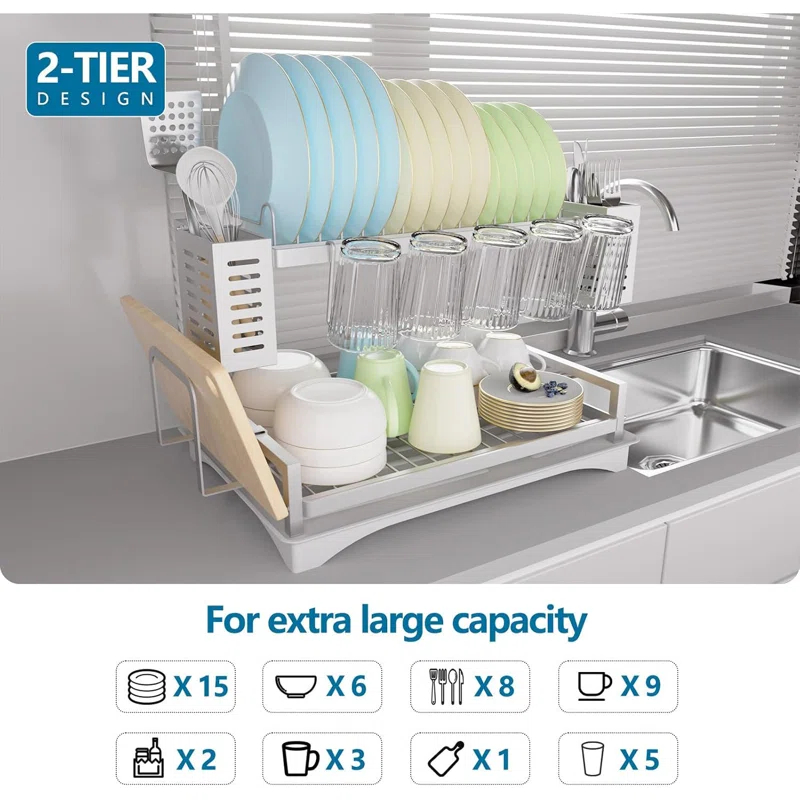 THE GLAMOUR BOUTIQUES Dish Drying Rack: 2 Tier Dish Racks For Kitchen Counter - Large Rust Proof Dish Drying Rack With Aluminum - Detachable Dish Drainer Organizer With Utensil Holders Drainboard Silver
