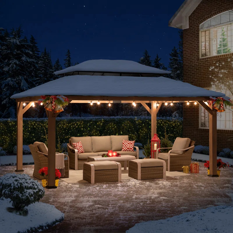 Sunjoy Sunjoy 12x16 ft. Wood Gazebo, Outdoor Patio Steel Hardtop Gazebo, Cedar Framed Wooden Gazebo with 2-tier Metal Roof, Suitable for Patios, Lawn and Backyard