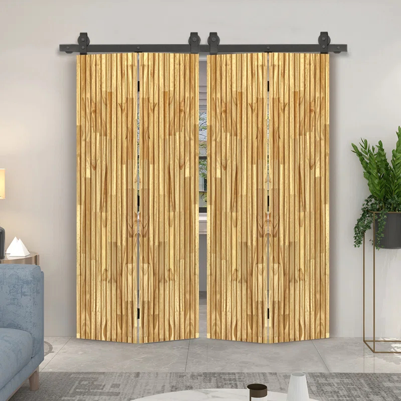 Calhome Japanese Series Stained Pine Wood Bi-Fold Barn Door with Sliding Hardware Kit