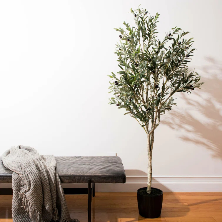 Vickerman Artificial Green Olive Tree in Black Planters Pot.