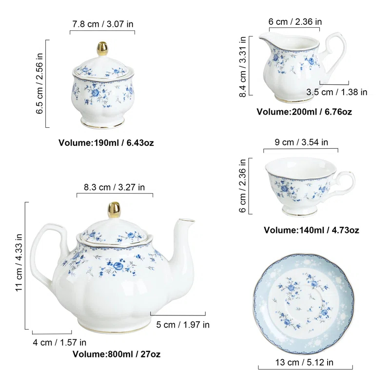 Bloomsbury Market 15 Piece Blue Rose Porcelain Tea Set, British Floral Teapot With Tea Cups, Women Tea Party Set For 6