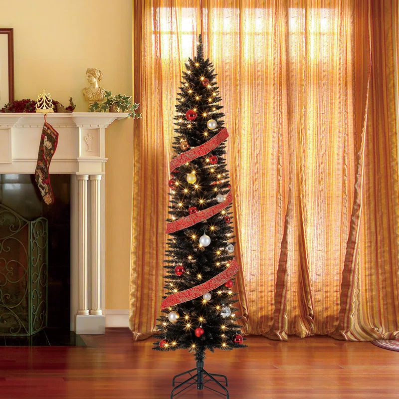 Home Heritage 7 Foot Pencil Slim Artificial Prelit Christmas Tinsel Tree, Black
