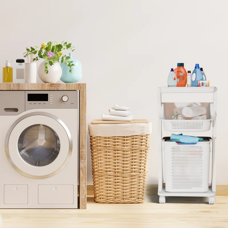 BAOKALER BAOKALER 2-Tier White Portable Rolling Laundry Basket, two Removable Baskets and Wheels