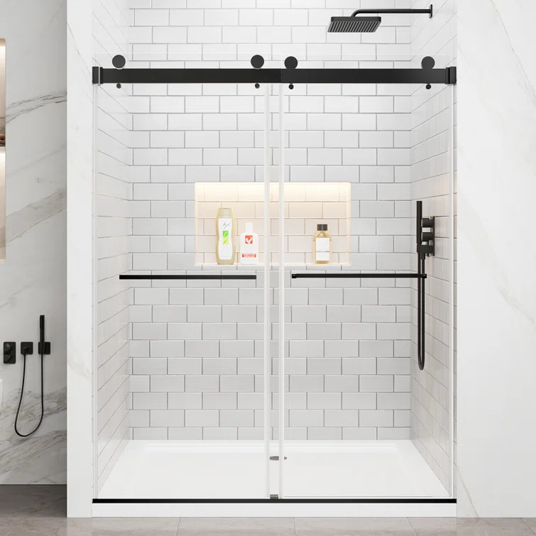 Rizzon 56-60 " W X 76 " H Double Sliding Frameless Shower Door  5/16" Tempered Glass, Stainless Steel Hardware | Wayfair