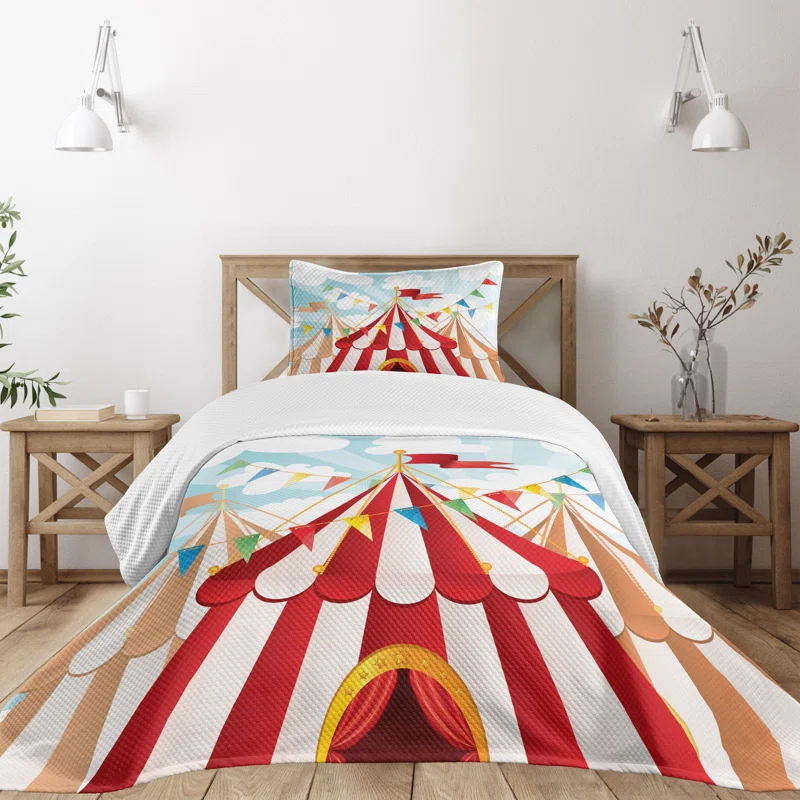 Ambesonne Ambesonne Circus Bedspread Set Circus Cloudy Sun Sky Blue White Red