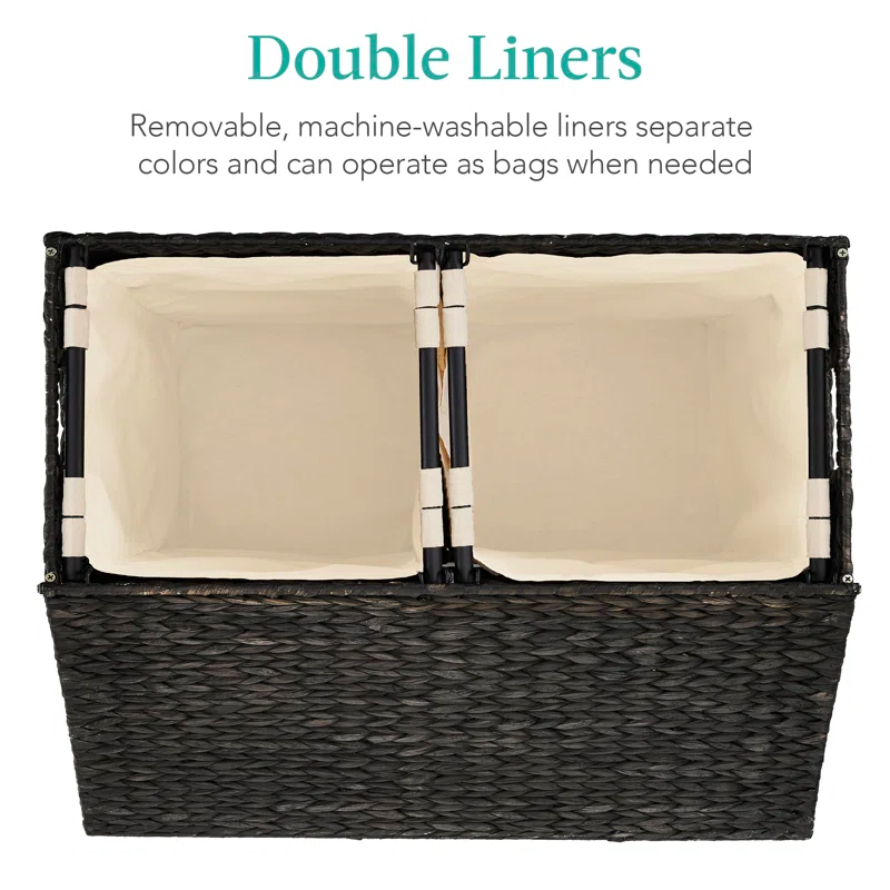 Bayou Breeze Large Water Hyacinth Double Laundry Hamper Basket w/ 2 Liner Bags, Handles