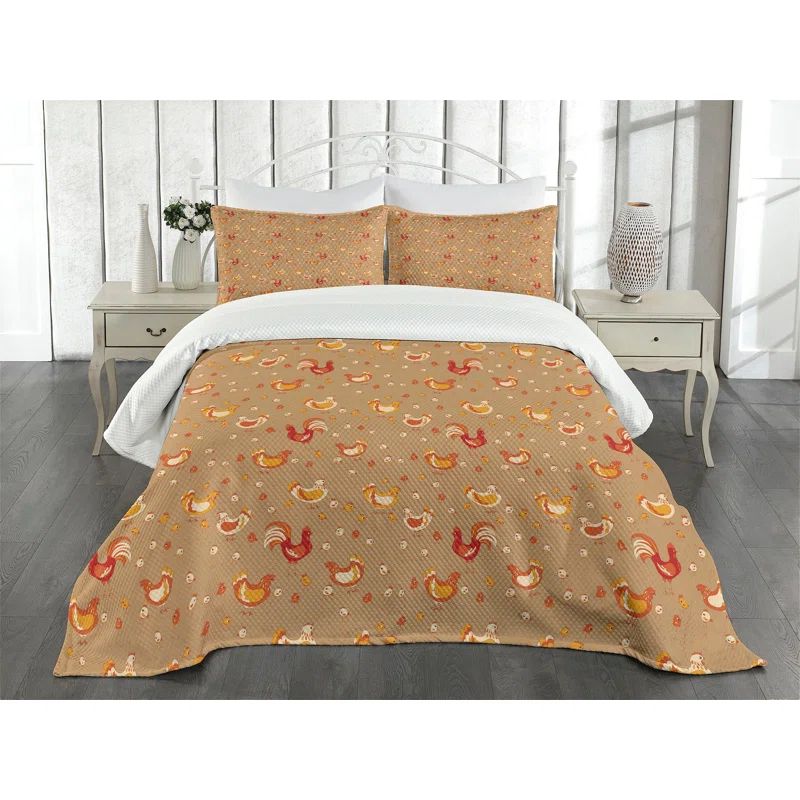 Ambesonne Ambesonne Hen and Chicks Bedspread Set Farm Family Animals Camel Vermilion