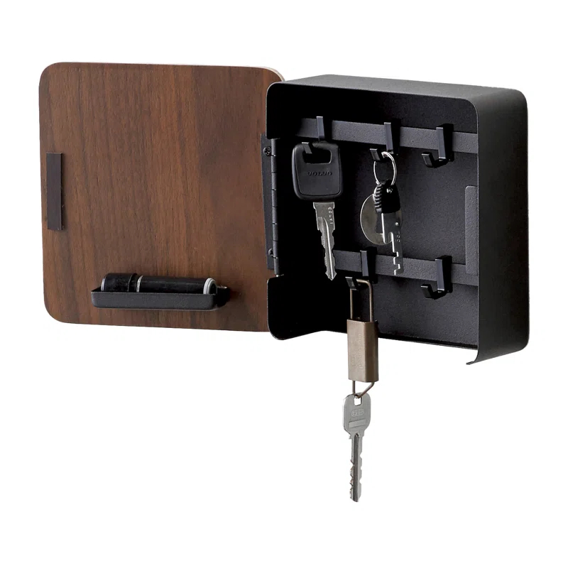 Yamazaki Home Yamazaki Home Square Magnetic Key Cabinet, Wood Accented Keychain Organizer, Steel + Wood, Magnetic
