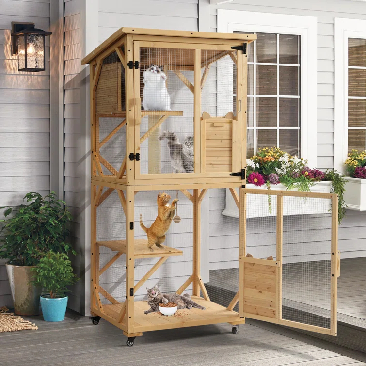Tucker Murphy Pet™ Hallvard Outdoor Cat Enclosure with Scratcher - 4-Tier Large Indoor Wooden Window Catio Cat House W/Asphalt Waterproof Roof