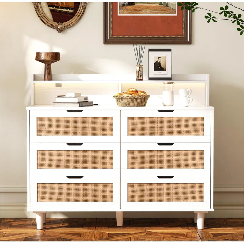 Latitude Run® 6-Drawer Dresser w/LED Lights and Power Outlet,Rattan Storage Cabinet,Living Room Organizer