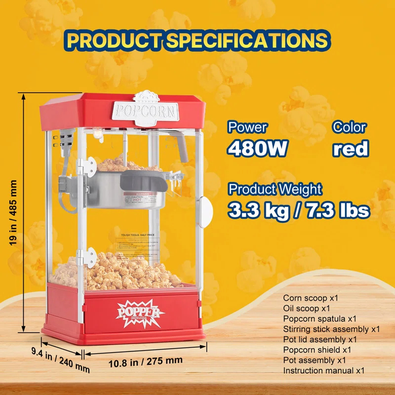 Stellweilan Tessberg Popcorn Popper Machine Tabletop Popcorn Maker 480W 4 Oz