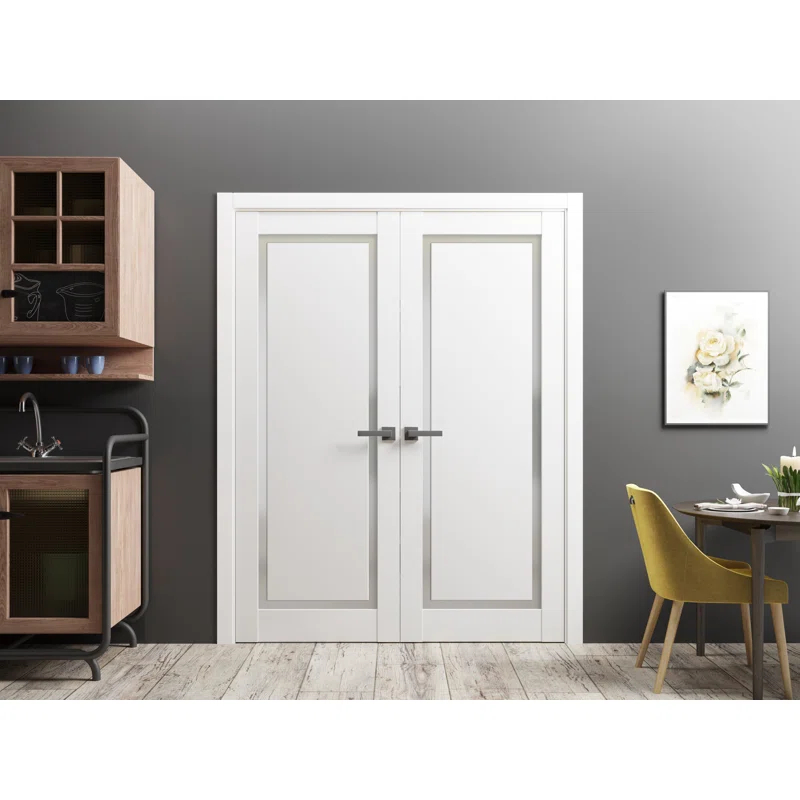 SARTODOORS Solid French Double Doors | Planum 0888 Painted White With Frosted Glass | Wood Solid Panel Frame Trims | Closet Bedroom Sturdy Doors