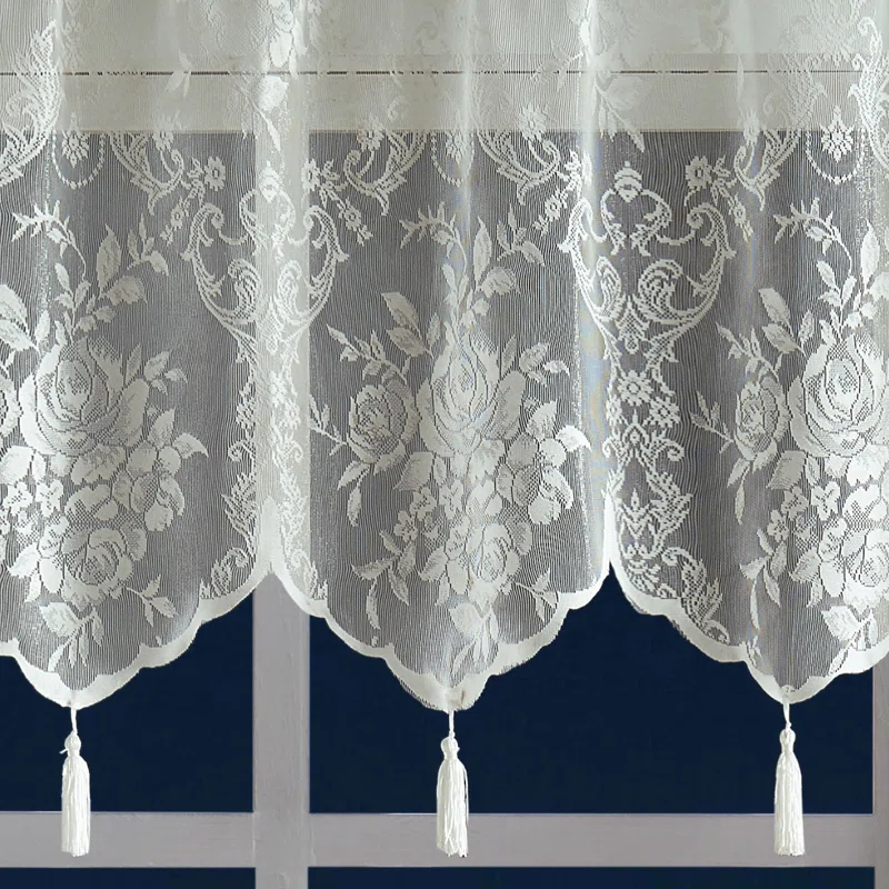 Rosdorf Park Rosdorf Park Pair Of 2 Sheer Lace Curtain Panels with Attached Matching Valance With 6 Tassels. (Set of 2)