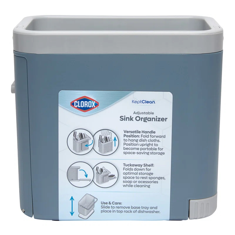 Ginsey 59360 Clorox KeptClean Kitchen Sink Organizer – Space-Saving Organization of Dish Soap, Scrub Brushes, and Dish Towels, Fold-Down Shelf for Sponges and Jewelry, Drainage Tray – Steel