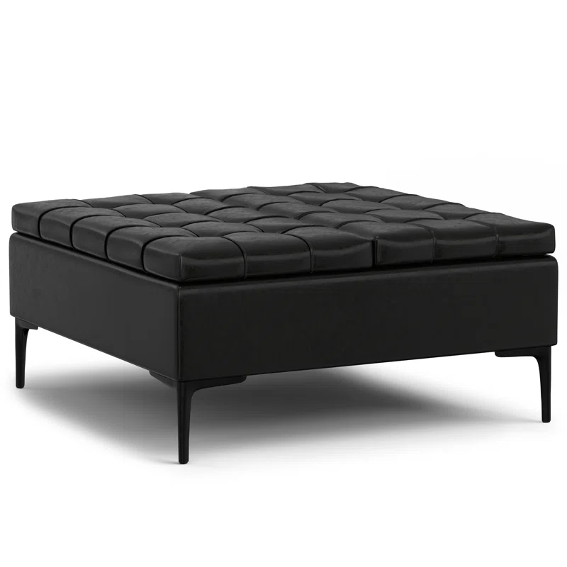 Simpli Home Laura 36"W Upholstered Square Storage Ottoman with Split Lift Top and 2 Storage Compartments
