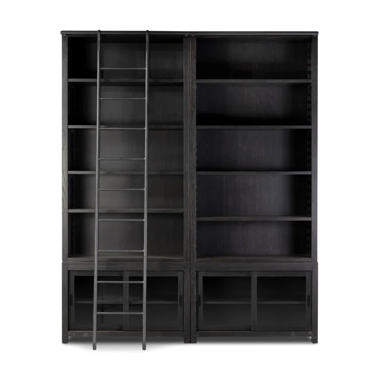 Worn Black Oak Double Bookcase with Iron Ladder