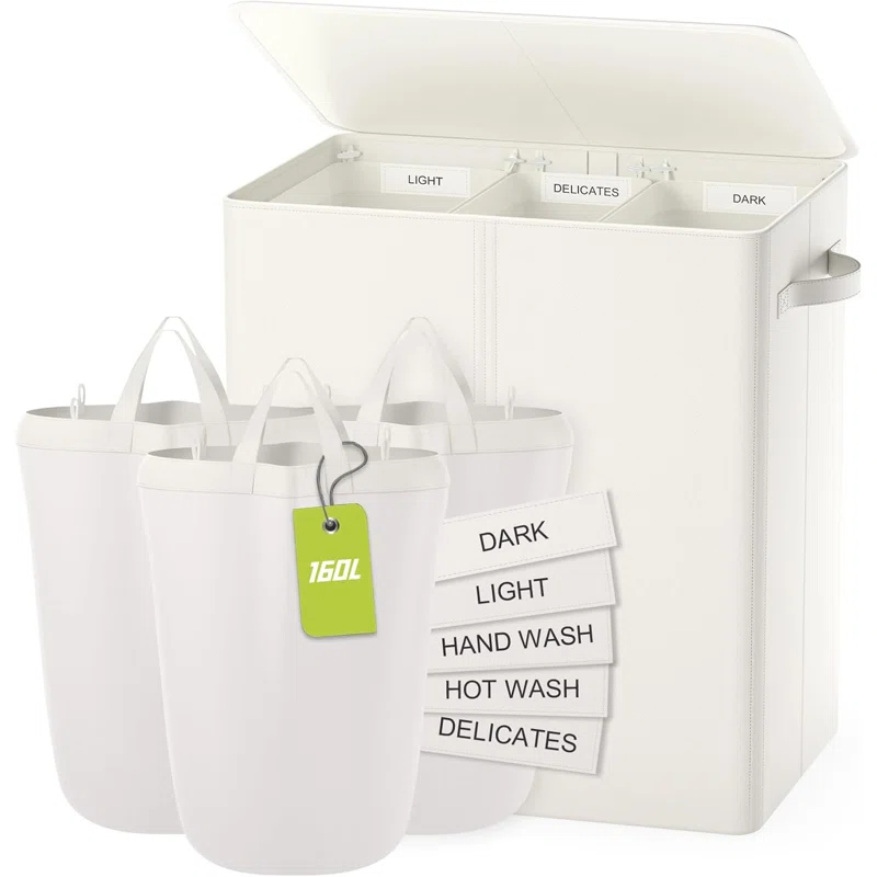 Latitude Run® 160L Laundry Hamper 3 Section, Dirty Clothes Hamper With Lid