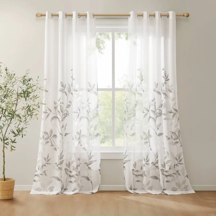 Madison Park Cecily Floral Printed Burnout Sheer Grommet Single Curtain Panel