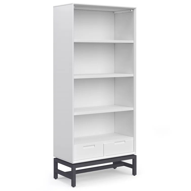 Simpli Home Banting 30"W Solid Wood 4 Shelf Industrial Bookcase with 2 Drawers, Adjustable Shelves, and Metal Base