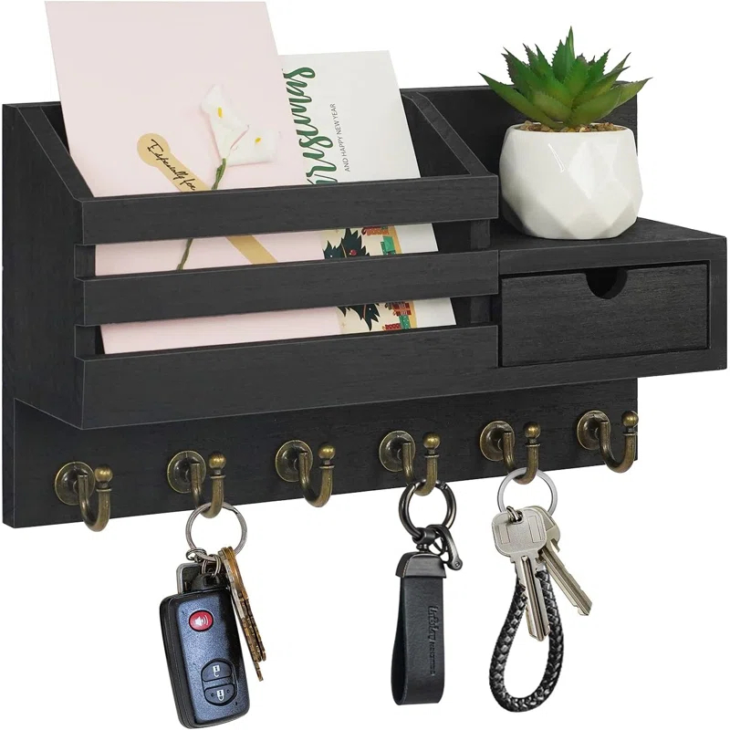 Winston Porter Wall Mount Key And Mail Organizer With 6 Hooks, Storage Drawer, Easy Installation For Entryway, Hallway, Home Decor