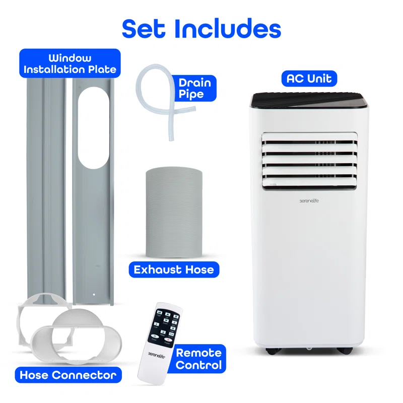 SereneLife Serenelife 8000 BTU Portable Air Conditioner - 3-In-1 Compact Standing Air Conditioner For Room Up To 300 Sq. Ft. - Floor AC Unit With Remote Control - Universal Casters, Window Mount Kit