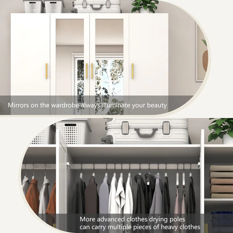 Armoire Wardrobe Closet With Mirror & Led Light, 4 Door Wooden Storage Cabinet With Drawers, Spacious Armoire With Hanging Rod & Adjustable Shelves