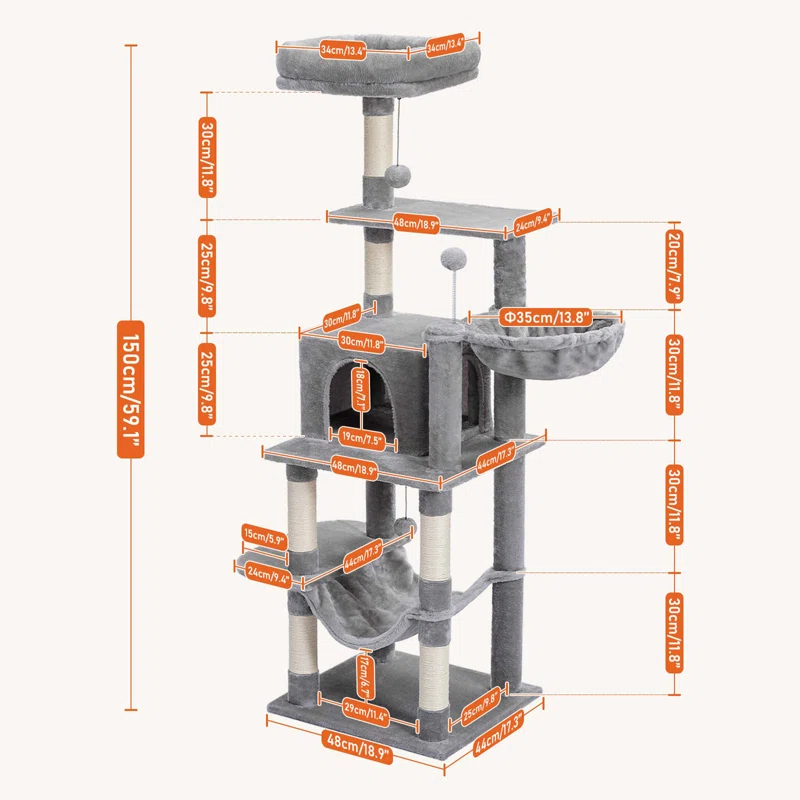 Multi-Level Cat Tree Tower With Cat Hammocks, Sisal Covered Scratching Post And Plush Top Perch