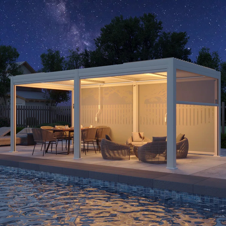 EROMMY 10 Ft. W x 20 Ft. D Aluminum Pergola with Canopy, with LED lights and Motorized Curtains