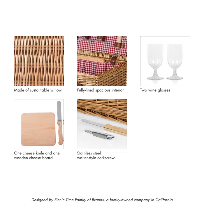 Picnic Time Classic Wine & Cheese Wicker Picnic Basket - Romantic Wine Picnic