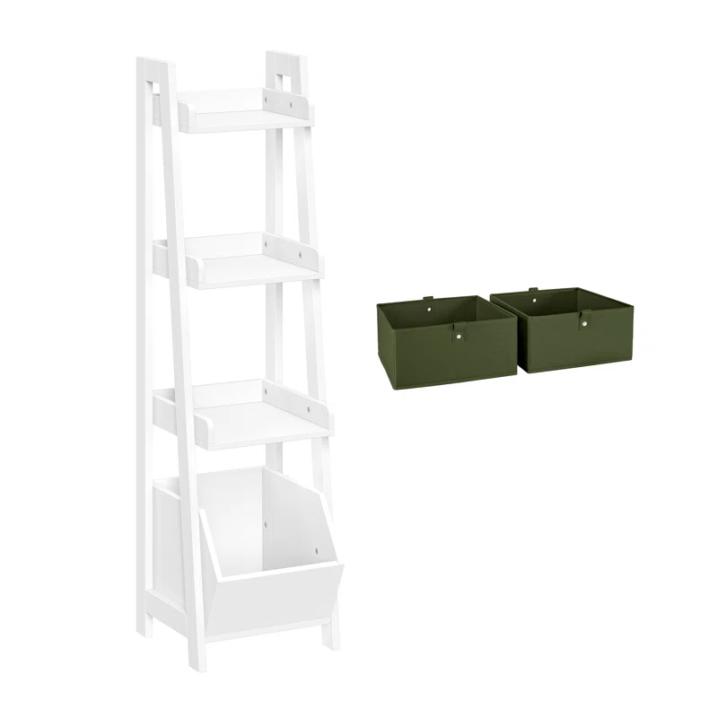 RiverRidge Home RiverRidge Kids 4-Tier 13in Ladder Shelf Toy Organizer and Book Storage with 3 Open Display Shelves- White with Two 5" Fabric Bins