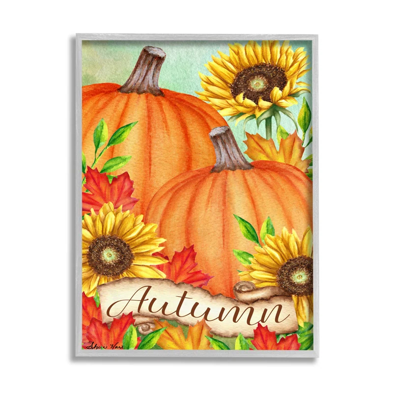 Stupell Industries " Autumn Pumpkins With Sunflowers Red Leaves " by Sheri Hart