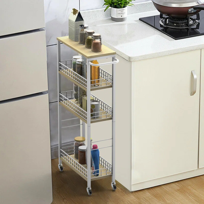 SPECIALTY FLOORING INC Slim Storage Cart Narrow Storage Cabinet 4 Tier Laundry Room Organization Mobile Bathroom Shelving Unit Organizer Rolling Utility Cart Slide Out Kitchen Cart Tower Rack For Narrow Places 7.08'W,(White)