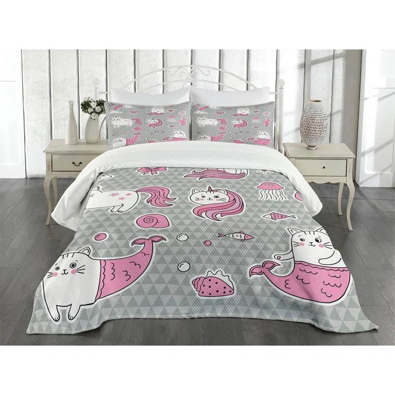 Ambesonne Ambesonne Unicorn Cat Bedspread Set Mermaid Cat Grey Pale Pink White