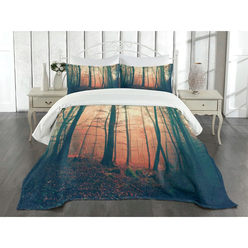 Ambesonne Ambesonne Vintage Bedspread Set Autumn Forest Woodland Coral Dark Green