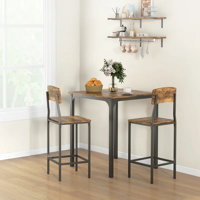 17 Stories 3 Piece Square Industrial Small Dining Table Set, Bar Table and Chairs Set, Rustic Brown and Black
