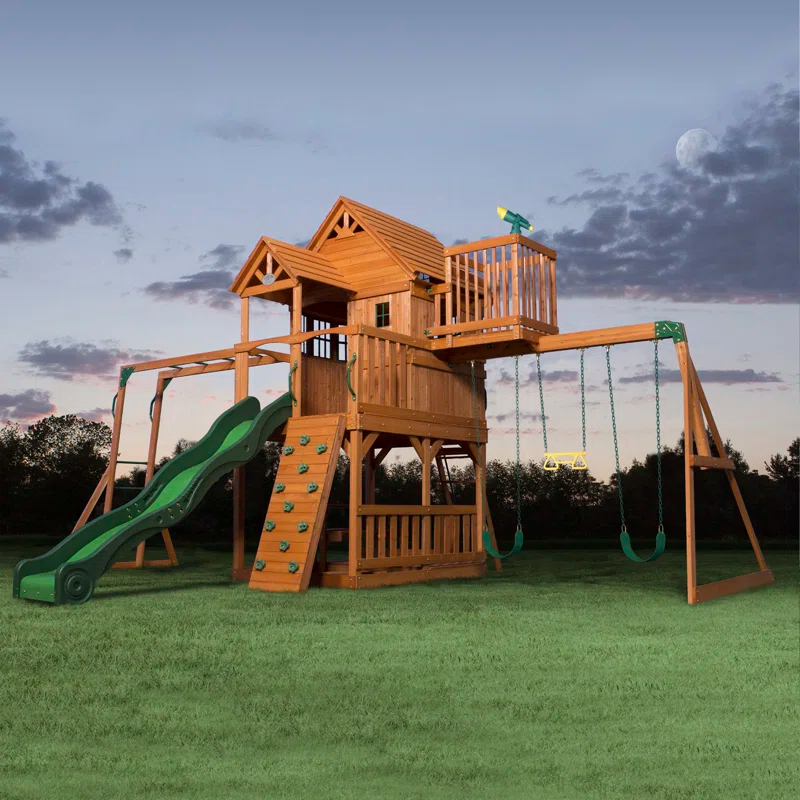 Backyard Discovery Backyard Discovery Skyfort II Cedar Wood Swing Set with Wave Slide, Clubhouse, Crow's Nest, and Monkey Bars