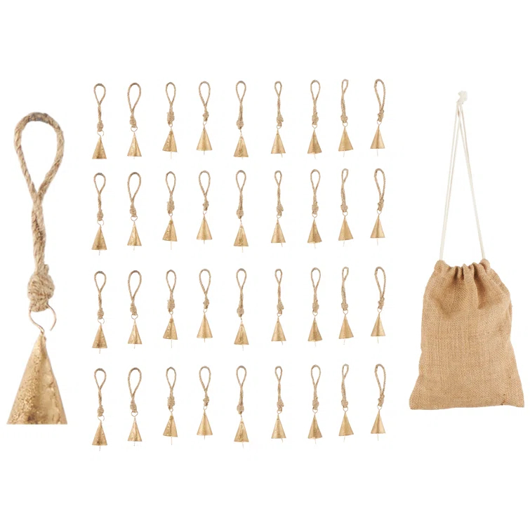 Rosalind Wheeler Metal Tibetan Inspired Indoor Outdoor Gold Decorative Bells With Brown Jute Rope And Canvas Drawstring Tote Set (Set of 36)