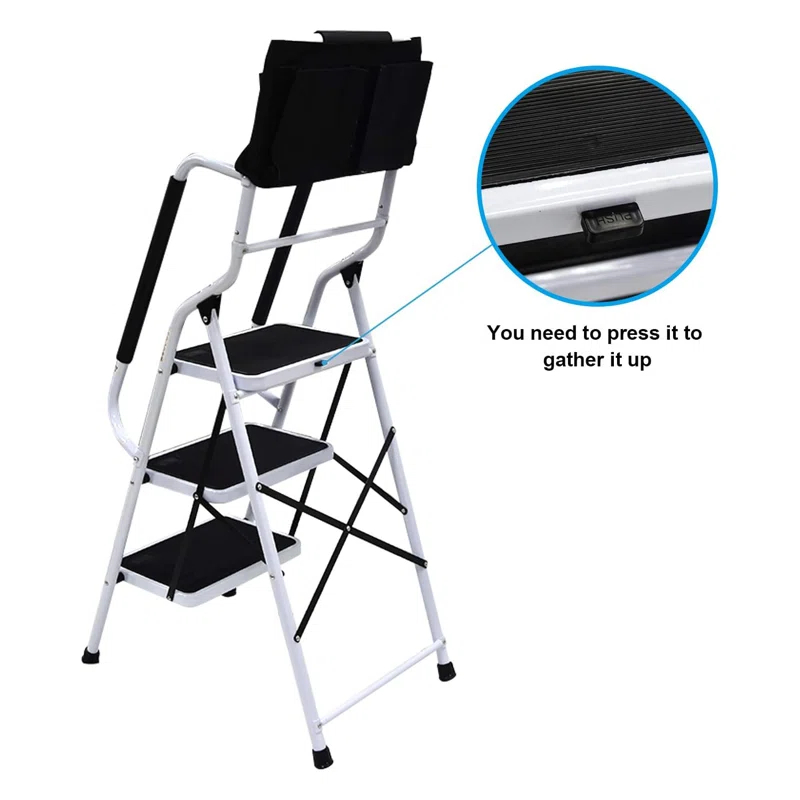 WFX Utility™ 3-Step Ladder With Handrails - 500 Lb Capacity Folding Stepladder With Wide Non-Slip Pedals, Safety Rails, And Tool Bag