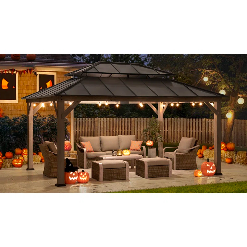 Sunjoy 12x16 ft. Wood Gazebo, Outdoor Patio Steel Hardtop Gazebo, Cedar Framed Wooden Gazebo with 2-tier Metal Roof