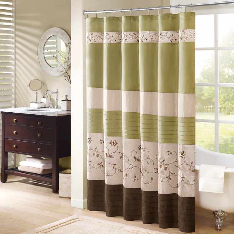 Madison Park Serene Faux Silk Embroidered Floral Shower Curtain