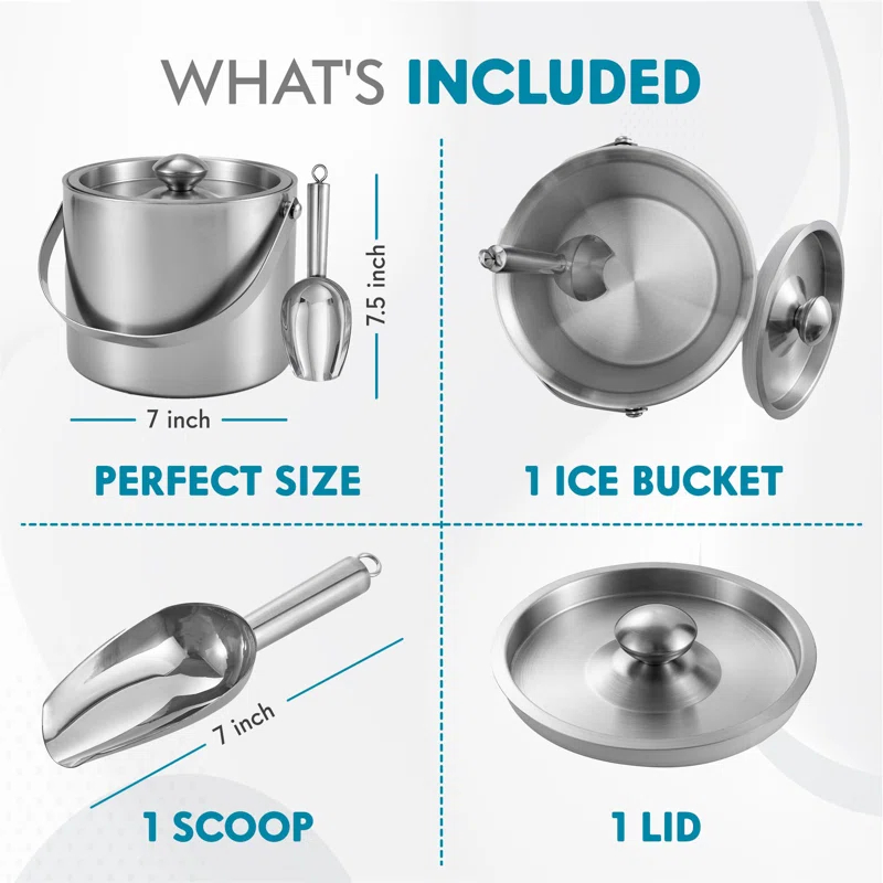Mint Pantry® Ice Bucket (3 Liter) Stainless Steel Double Wall Insulated Ice Bucket With Lid & Scoop, Ice Buckets For Parties, Handle, Keeps Ice Cold