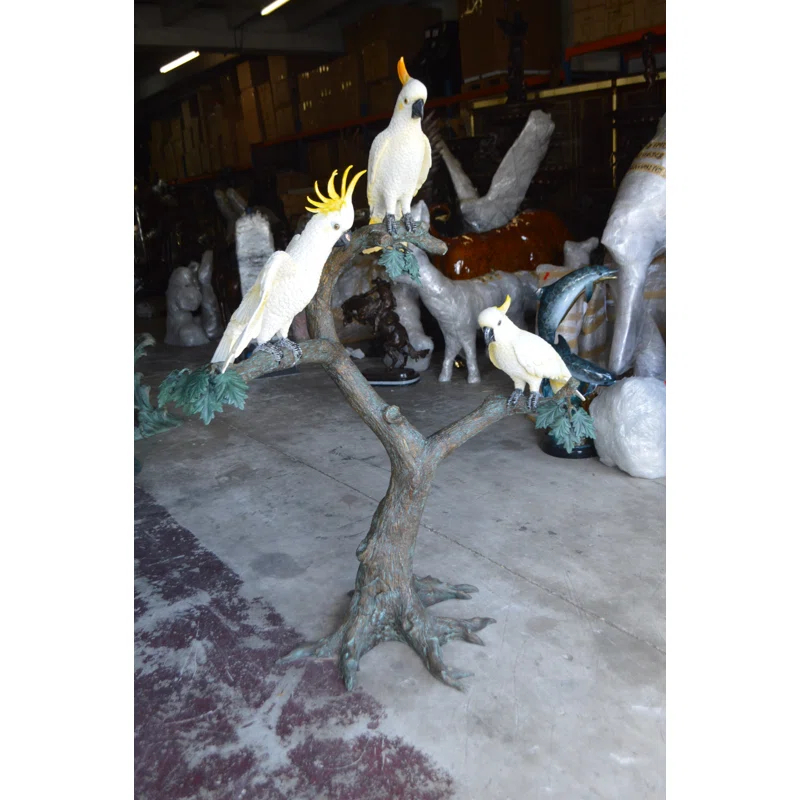 Nifao Statues Three Cockatoo on a Tree Bronze Statue -  Size: 55"L x 34"W x 68"H.